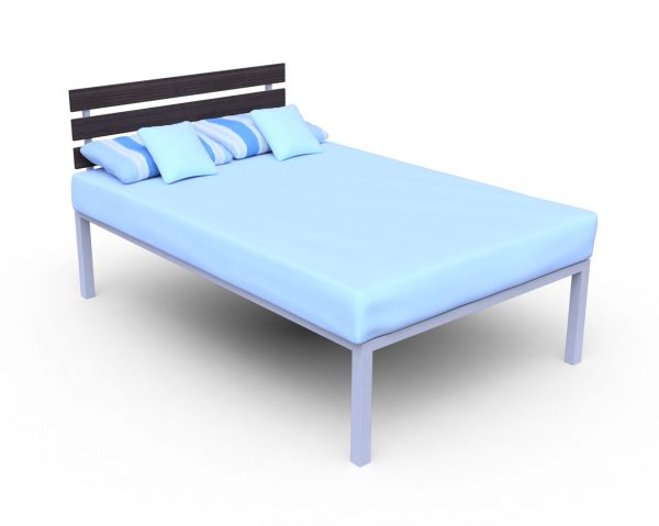 Metal Bed, Blue Bedsheets, Blue Cushions, Blue Pillow, Wooden back Bed