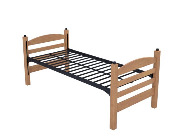 wooden twin bed with metal frame