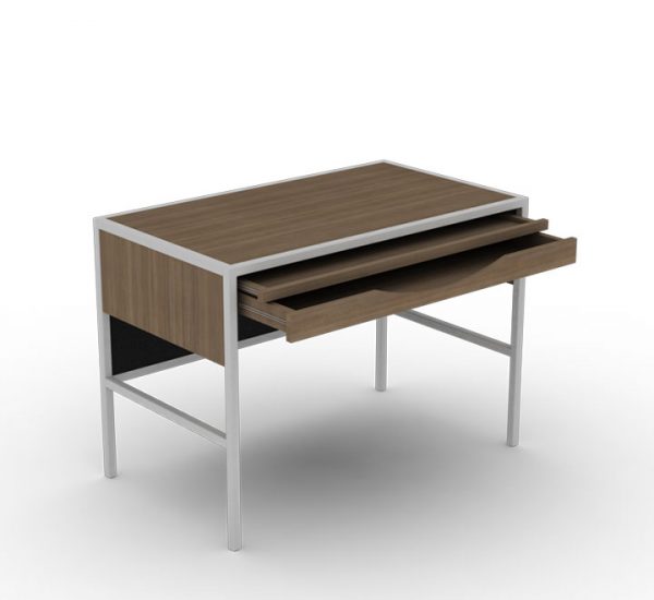 Study Wooden Desk with Tray and Pencil Drawer in Walnut Color and Silver Metal Frame