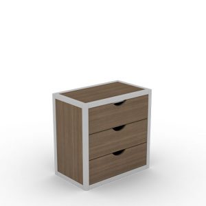 Three Drawer Wooden Chest in Walnut Color with Silver Metal