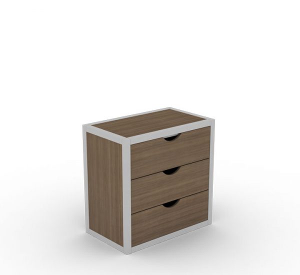Three Drawer Wooden Chest in Walnut Color with Silver Metal