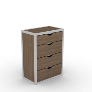 Four Drawer Wooden Chest in Walnut color with Silver Metal Frame