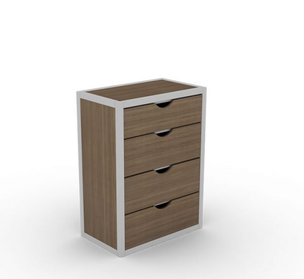 Four Drawer Wooden Chest in Walnut color with Silver Metal Frame