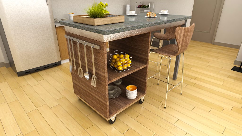 Kitchen Counter, Granite Counter Top, Movable Counter, Wooden and Metal Chair