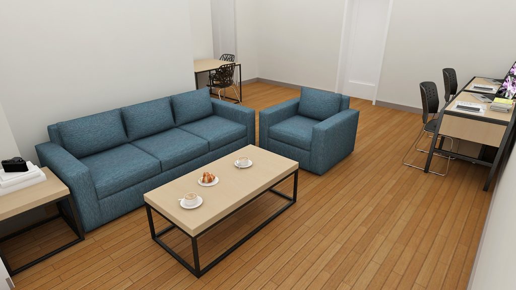 common area, wooden flooring, 3 seater blue sofa, blue sofa chair, desktop table, fiber chair with metal legs, end table, coffee table