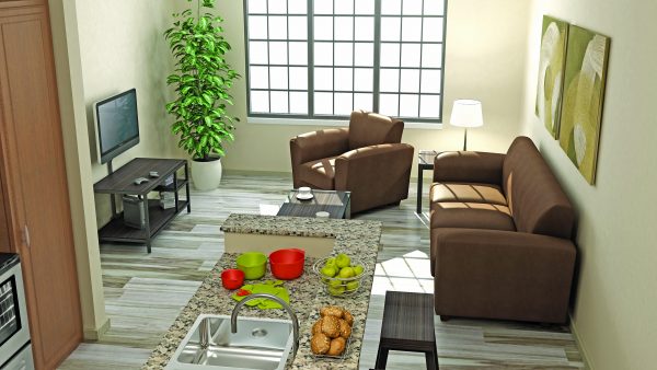 common area, lounge, wooden flooring, 3 seater brown sofa, sofa chair, coffee table, bar stool, entertainment console, end table