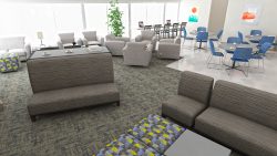 Cypress common area lounge furniture showing sectional sofa, and ottomans.