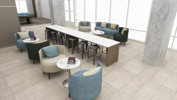 Flex series common area furniture with long stool height work table, round coffee tables, and round backed chairs in various colors.