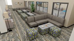 Geneva Student Lounge furniture showing sectional sofa, tables and ottomans.