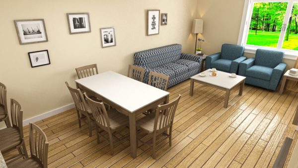 common area, wooden flooring, lounge, blue sofa chair, 3 seater sofa, end table, square coffee table, dining table, wooden dining chair