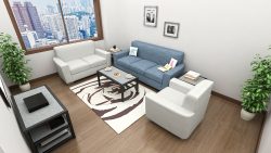 common area, wooden flooring, blue 3 seater sofa, white 2 seater sofa, 1 seater sofa chair, center table, end table, entertainment console