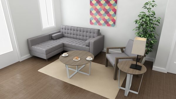 Living room, with X23 line wooden coffee table with other X23 furniture.