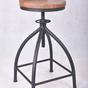 Black Metal and Wood Stool With Adjustable Hight