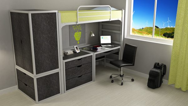 EcoPlus Laguna in black with loft bed over student study area with wardrobe cabinet beside study area.