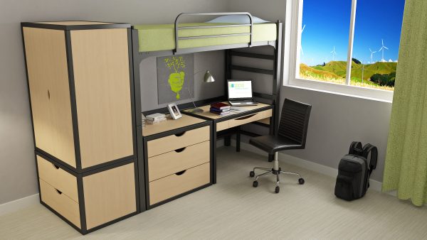 EcoPlus Laguna in natural coloring. Loft bed with desk and drawers underneath. Including wardrobe cabinet.
