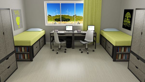 EcoPlus Laguna in Slate Gray showing two metal twin beds, and study desk.