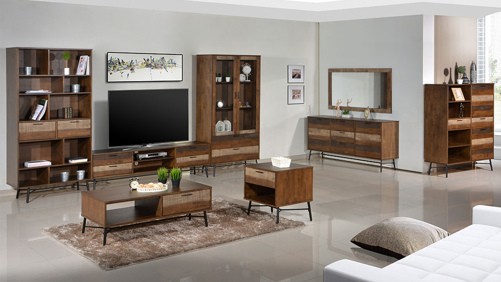 Living Room, Wooden Furniture, Wooden Cabinets, Center Table, White Sofa, Television Table