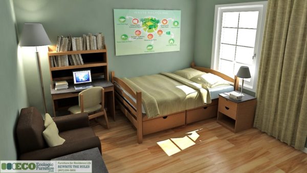Academy dorm furniture featuring double bed, desk with bookcase and chair in oak.