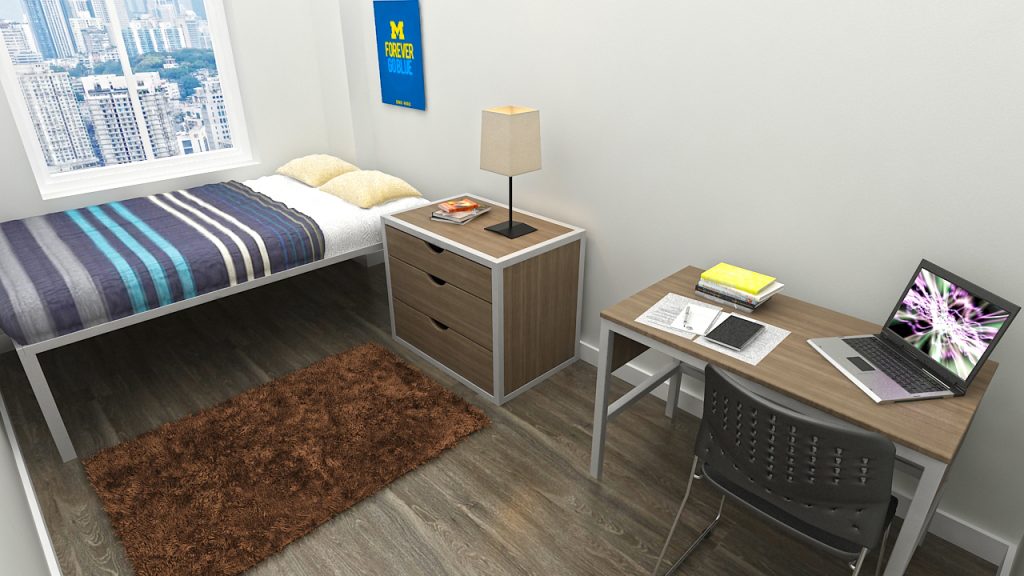 Metal Bed, Three Drawer Chest, Study Metal and Wood Table, Metal and Fiber Chair, Mattress