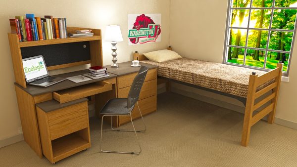 Classic line of dorm room furniture with wooden twin bed, desk, and chair