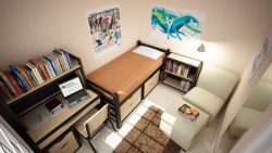 Collegiate dorm furniture with Single Cushioned Chair, Single Bed, Student Room, Two Drawer Chest, Study Desk, Book Shelf, and Study Chair.