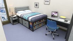 Collegiate dorm furniture line featuring double bed with bookcase and drawers underneath.