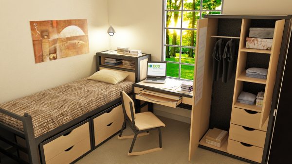 Student Room, Wooden Single Bed, Study Chair, Desktop Table, Study Table, Closet, Cupboard, Bed with Drawer