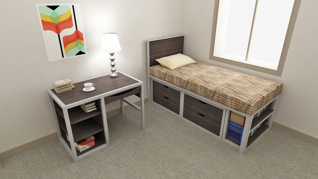 Single Bed, Metal Bed, Study Desk, three compartment desk, lamp