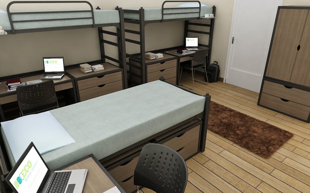 Collegiate line of student furniture featuring bunk beds with desks underneath the bed