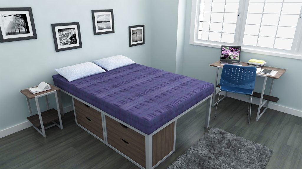 Double Bed, Two Drawer Chest , simple study table , side table, metal double bed
