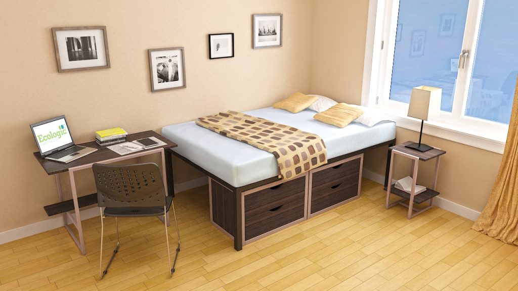 Double Bed, Two Drawer Chest, Side Table, Table Lamp, Compact Study Table, Metal and Fiber Study Chair