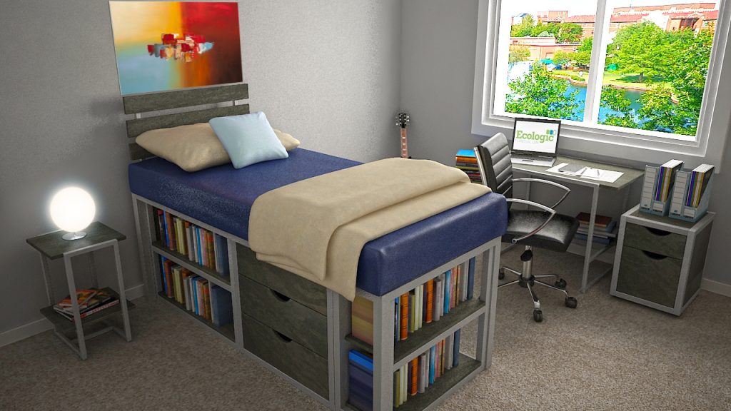 EcoLoft high height single bed built using metal, under bed bookshelf, under bed two drawer chest, and study desk.