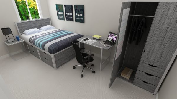 EcoLoft dorn furniture in Espresso includes study desk, chair, double bed, two drawer chest, wardrobe with three drawers and hanger rod.