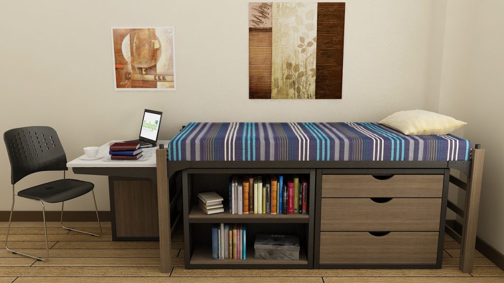 Flex Single Metal Bed, Two drawer Metal and Wood Chest, Book Shelf, and Study desk.