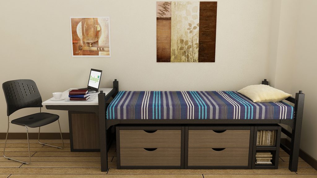 Single Metal Bed, Two drawer Metal and Wood Chest, Book Shelf, Study desk, study table, Chair, Metal and Fiber Chair, Study Chair, mattress, Pillow