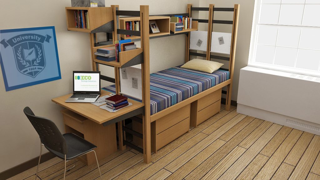 Flex series Twin Student Room with wooden loft bed, Three Drawer Chest, Study Desk, and bookshelf in classic Oak Golden.