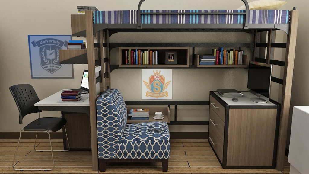 Collegiate line of student furniture highlighting chair, bookcase, bed, and desk.