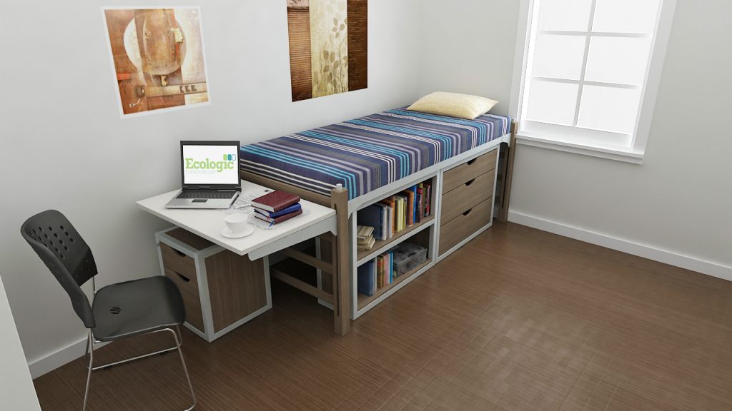 A mix of Laguna and FLEX series student furniture displaying XL twin sized bed