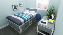 Double Bed, Two Drawer chest, book shelf, study table with pencil drawer, chair, blue color