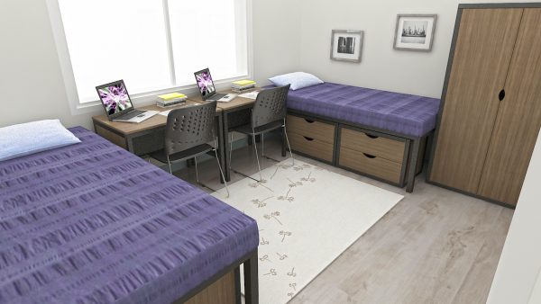 Twin Bed Room Study Desk, Single Metal Bed, Two drawer chest, Wardrobe, Mattress, Study chair