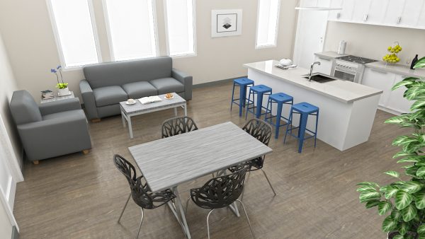 Common area, kitchen, living room, dining table, dining chair, Bar stool, center table, coffee table, couch, sofa, sofa chair, island counter, side table, corner table