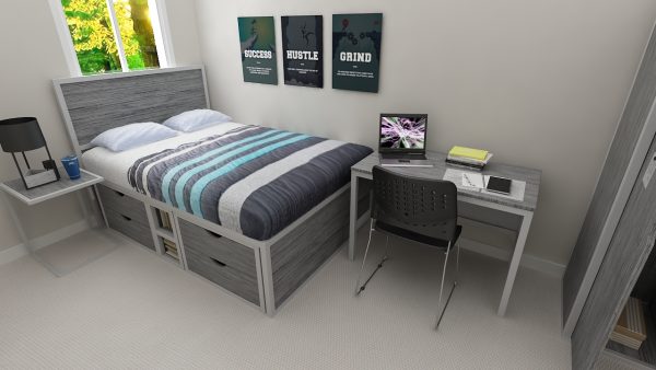 bedroom, double bed with storage, 2 drawer chest, under bed cubby, bedside table, desktop table, fiber chair with metal legs, wardrobe