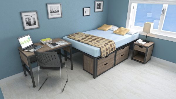 Double Bed, Student room, Night stand with drawer, two drawer chest, student desk, student chair, lamp, mattress, pillow, cushion