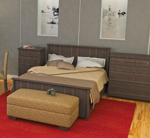 bedroom, wooden flooring, ottoman bench, 5 drawer bedside table, 6 drawer chest, wooden cushioned chair