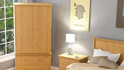 wooden flooring, bedroom, wooden wardrobe, wooden bedside table with drawer, wooden queen size bed