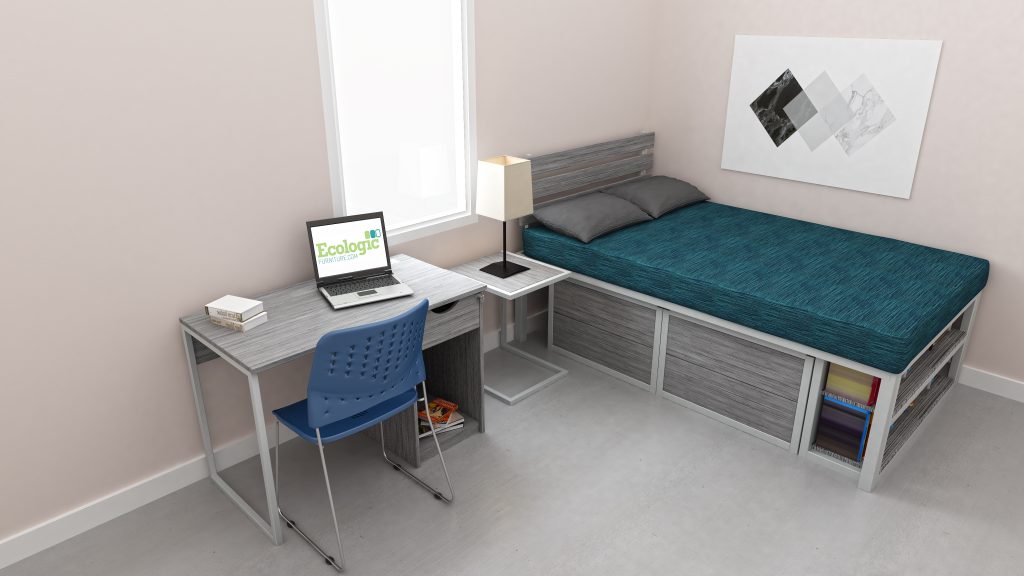 bedroom, wooden double bed, 2 drawer chest, desktop table with drawer, bedside table, fiber chair with met legs