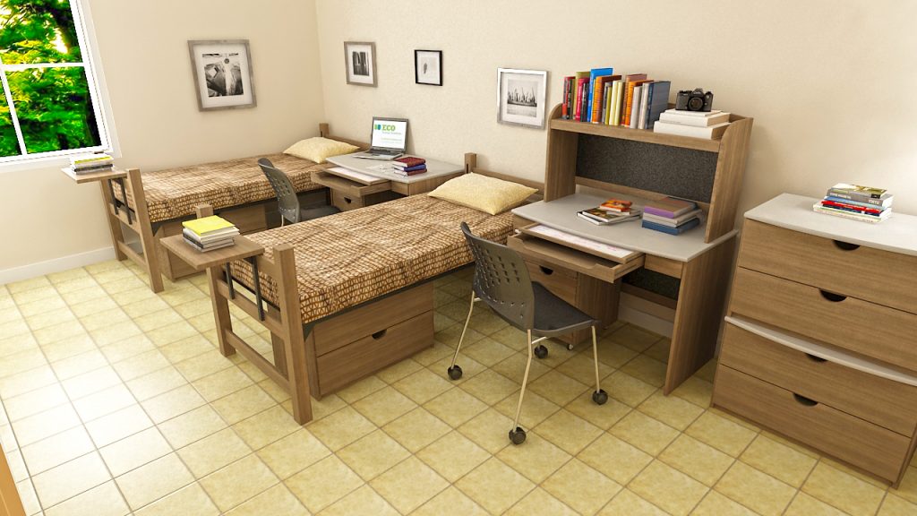 bedroom, wooden twin bed, single bed with drawer, 4 drawer wooden chest, wooden table, office desk with drawer, study table, laptop desk