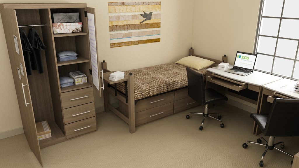 Showing Pacifica wooden twin bed with drawer, wooden table, desk, chair, and wooden wardrobe.