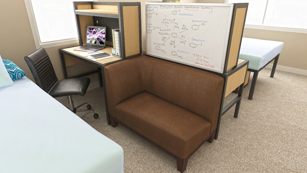 study table with whiteboard, office desk, office chair, revolving chair, single bed, black chair, 2 seater sofa