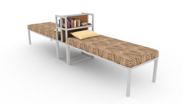 twin bed with book shelf, head to head bed